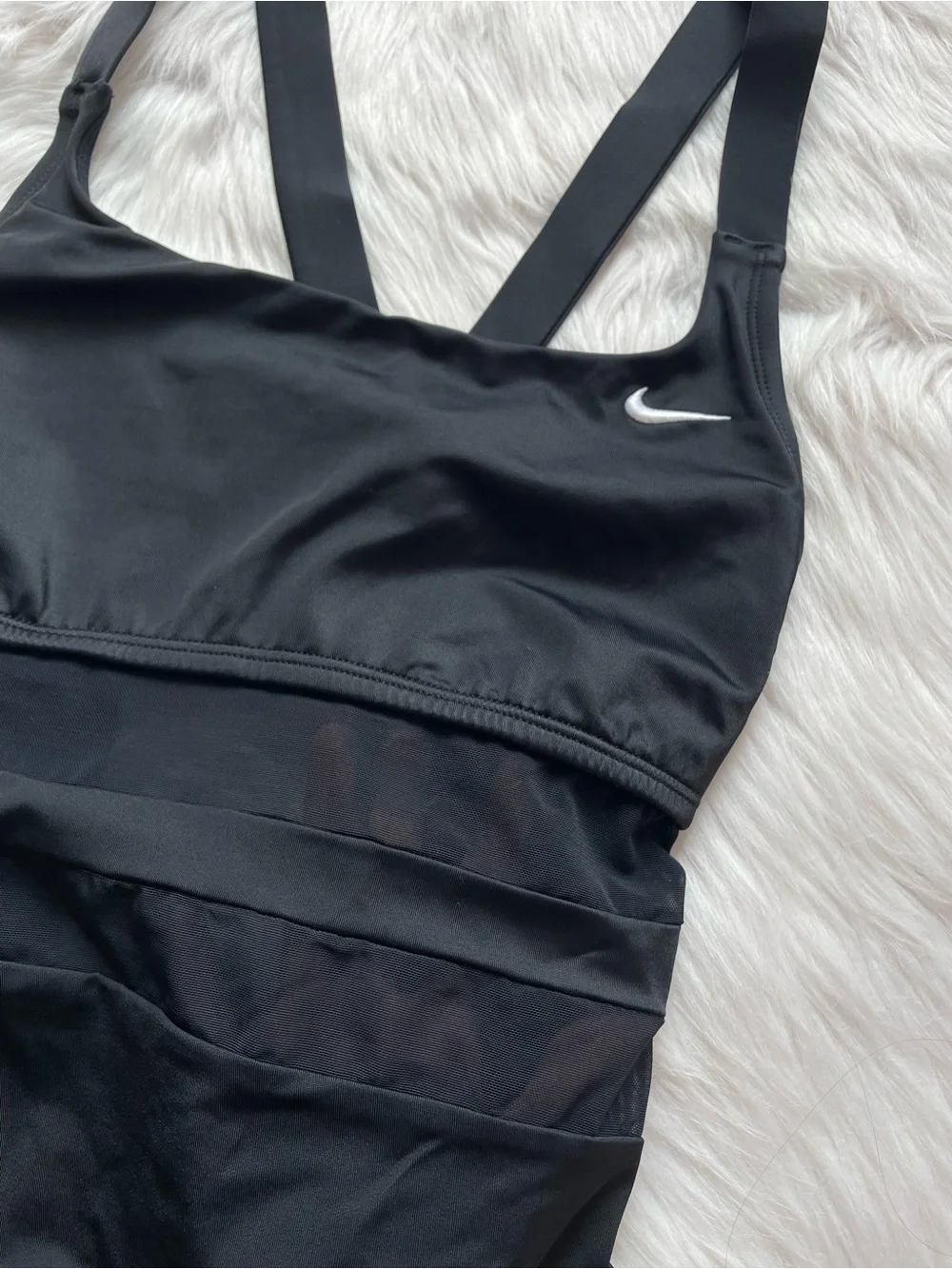 Nike one piece swimsuit black mesh v back swim suit women’s L large bathing suit